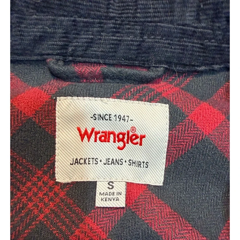 Wrangler Mens Shirt Jacket Red Black Plaid Full Zip Corduroy Collar Small‎